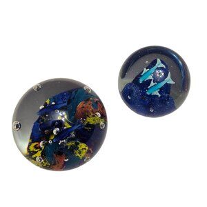 Handcrafted Glass Paperweight Set With Oceanic Scene Dolphins bubbles colorful